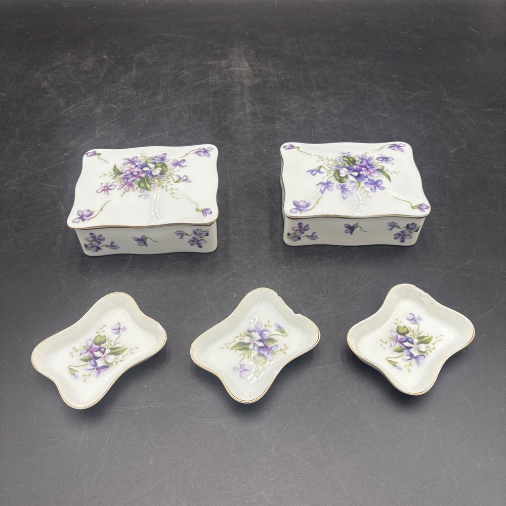 Rare Rossetti Spring Violets Porcelain Trinket Box Dish Set Occupied Japan 5pc